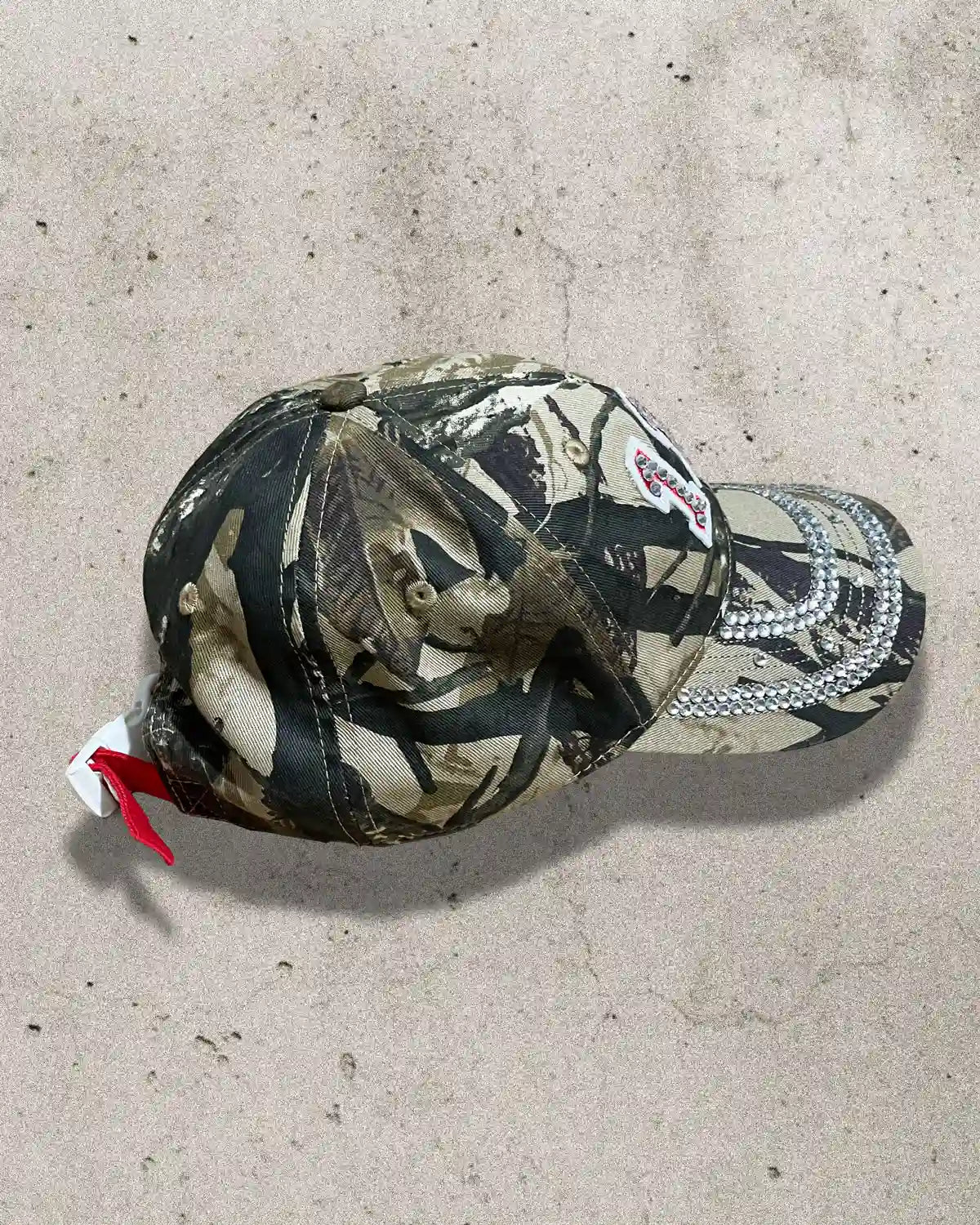custom camo cap with rhinestones and 111 patch, edgy spiritual streetwear
