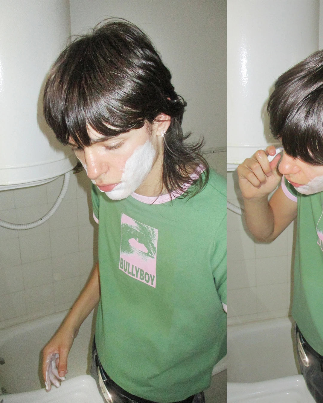 Alternative man wears gender neutral Bullyboy clothing while getting ready for the Cape Town nightlife in his bathroom