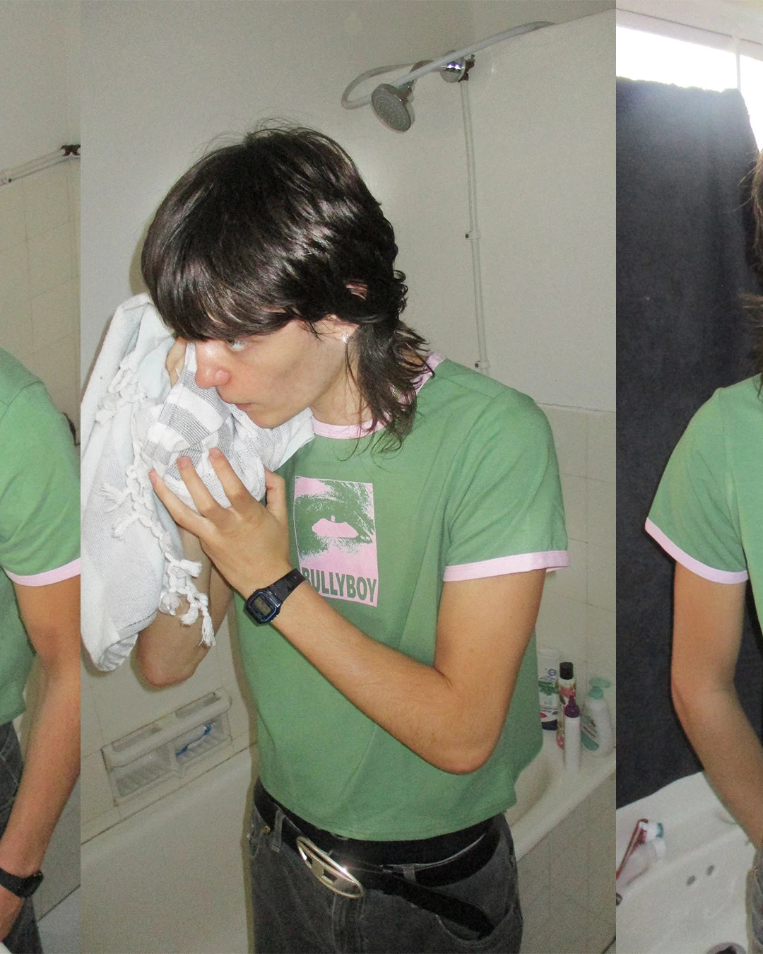 Alternative man dries his face in a Cape Town bathroom during a Bullyboy streetwear fashion photoshoot