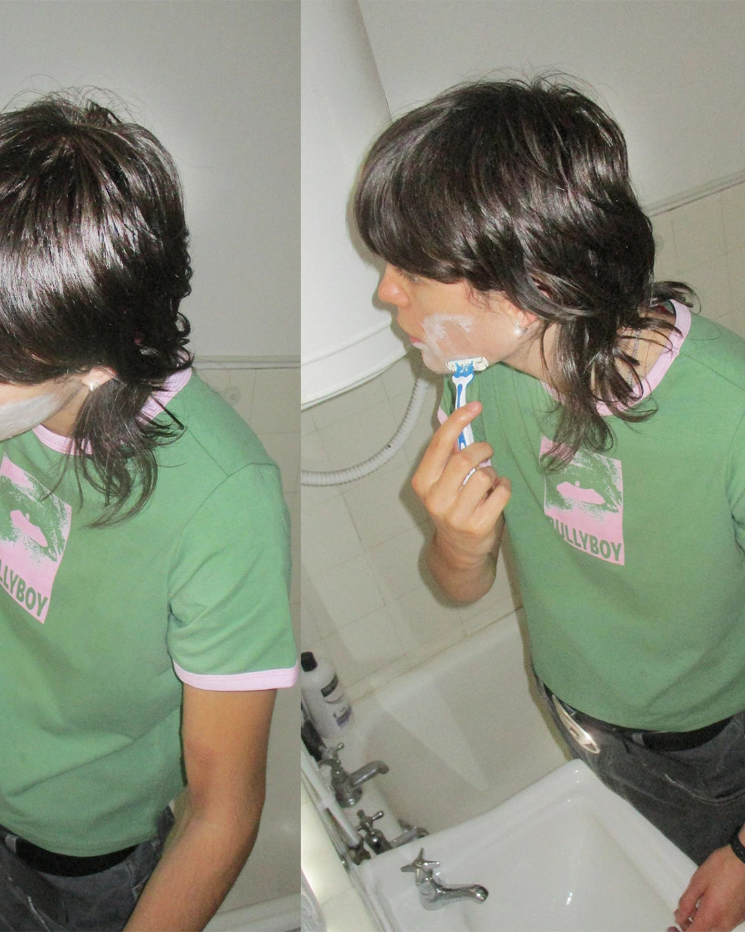 Attractive young man shaves his beard in Cape Town bathroom during an alternative fashion shoot for Bullyboy