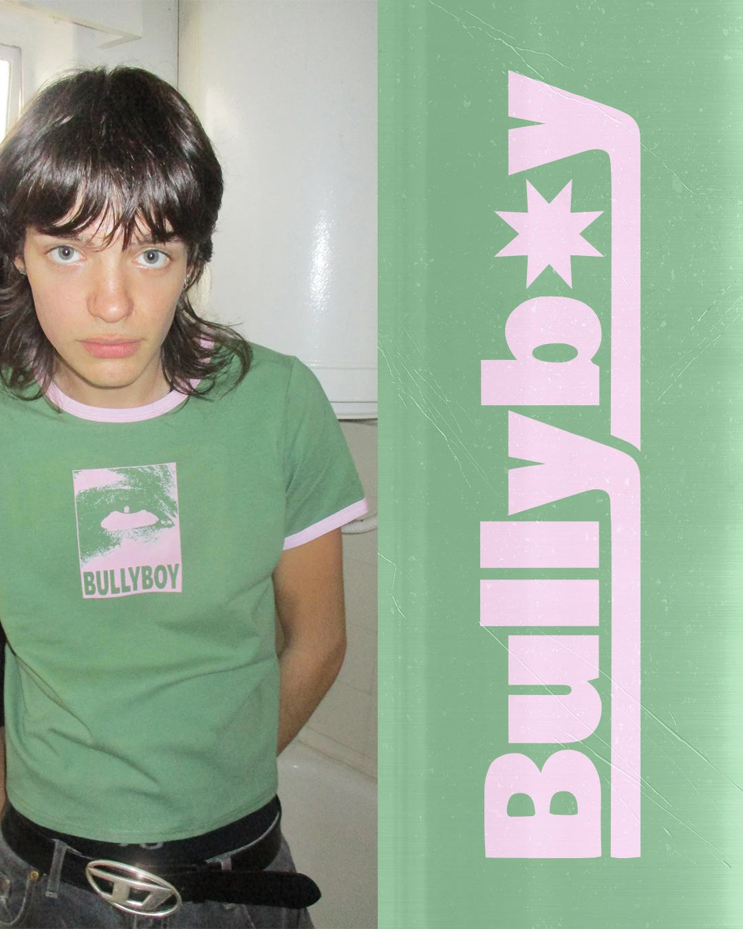 Alternative man poses for a candid bathroom shoot for Bullyboy streetwear after his casual morning routine