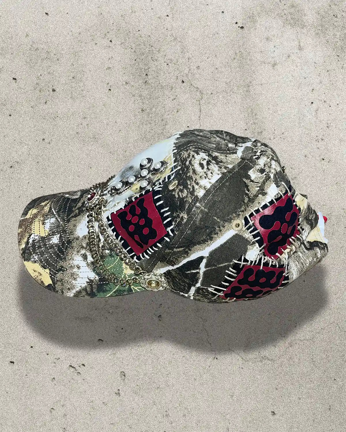 Multicolored patchwork bag on a concrete surface