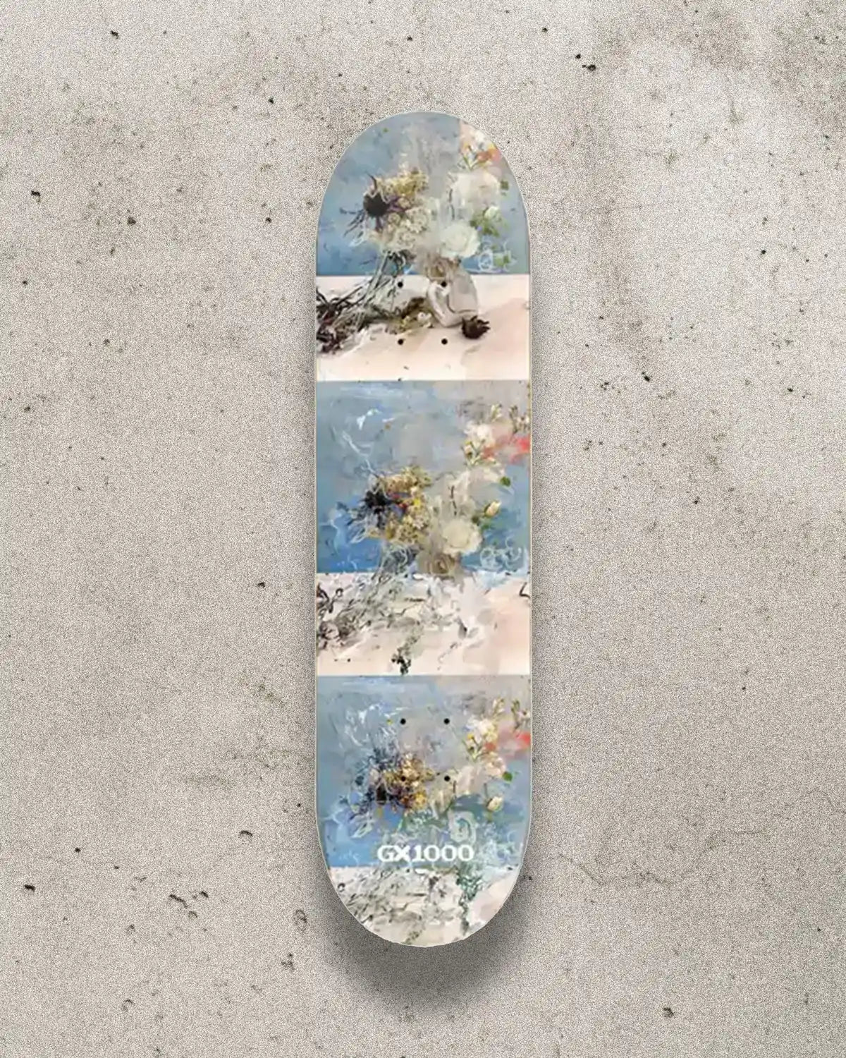 Skateboard deck with the GX1000 Blue Bouquet design in size 8.5.