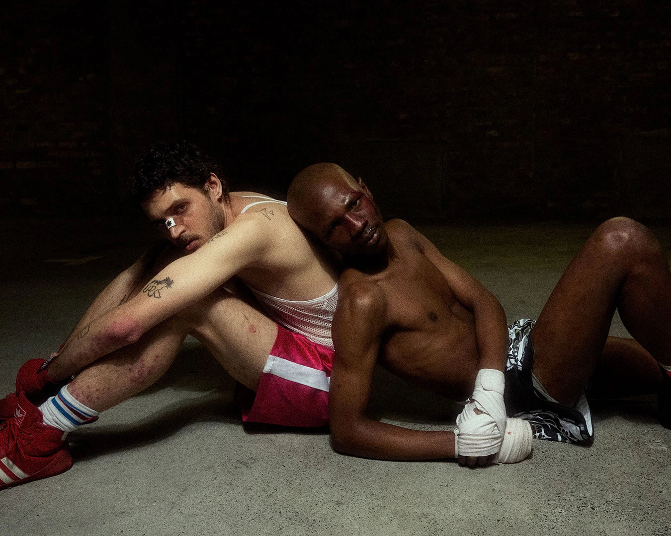 Two boxers sitting on the ground with a dark background