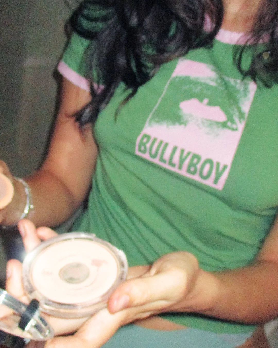edgy street style shown in this candid Bullyboy bathroom shoot showcasing the new Bullyboy green ringer tee