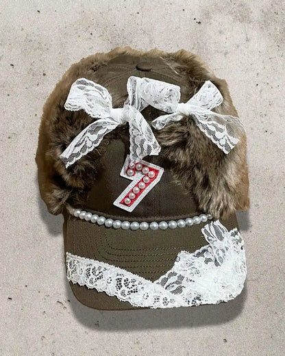 custom streetwear cap with teddy bear ears, pearls, and lace detailing