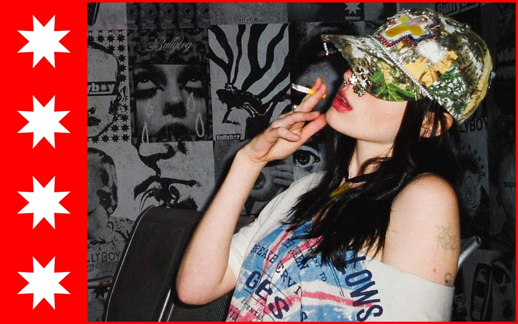 Person smoking a cigarette with a collage of faces in the background
