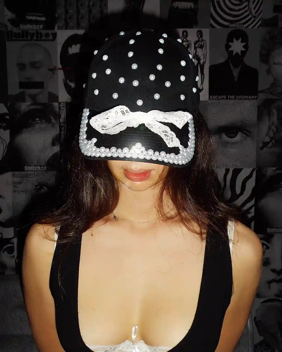 Streetwear cap with a gothic twist — pearls, lace, and elegance.