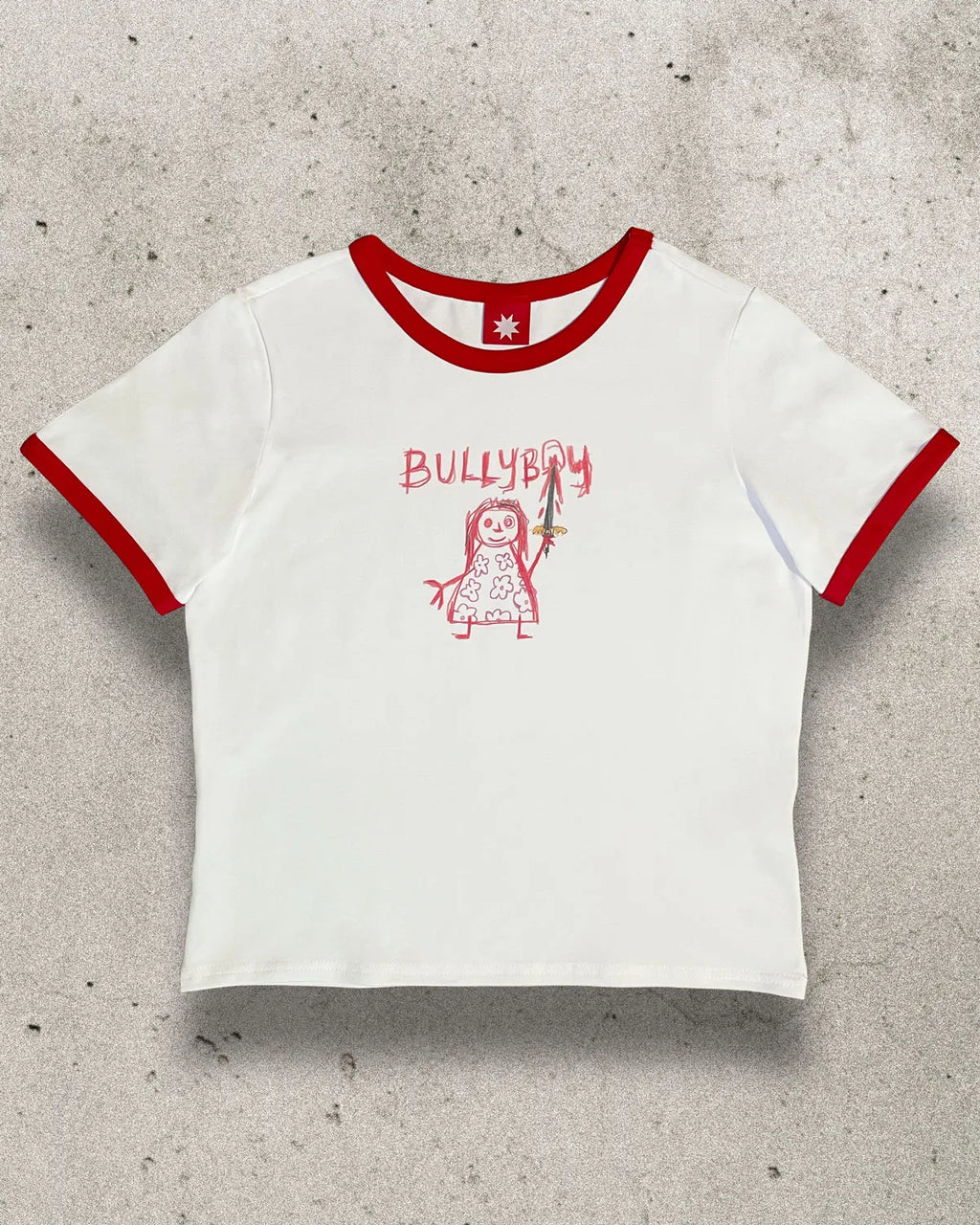 White 100% lightweight cotton fitted top with a red drawn design on the front.