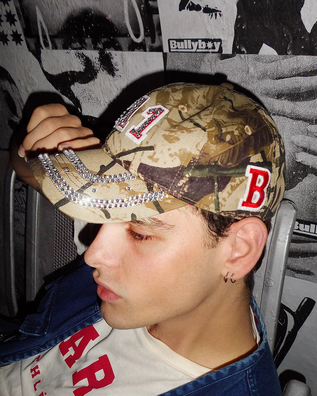 bullyboy camo one of one cap worn by model during the bullyboy editorial shoot