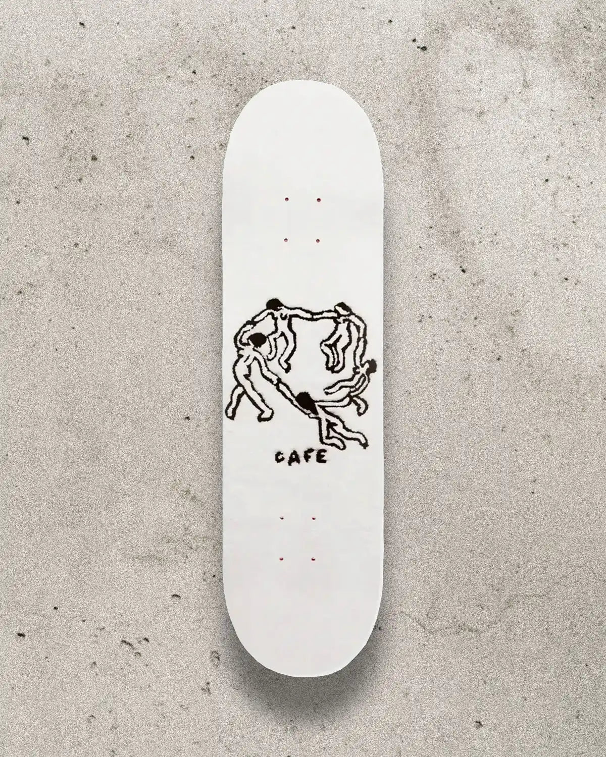 Skateboard deck showcasing the Dance Circle design by April Rugs in size 8.5.