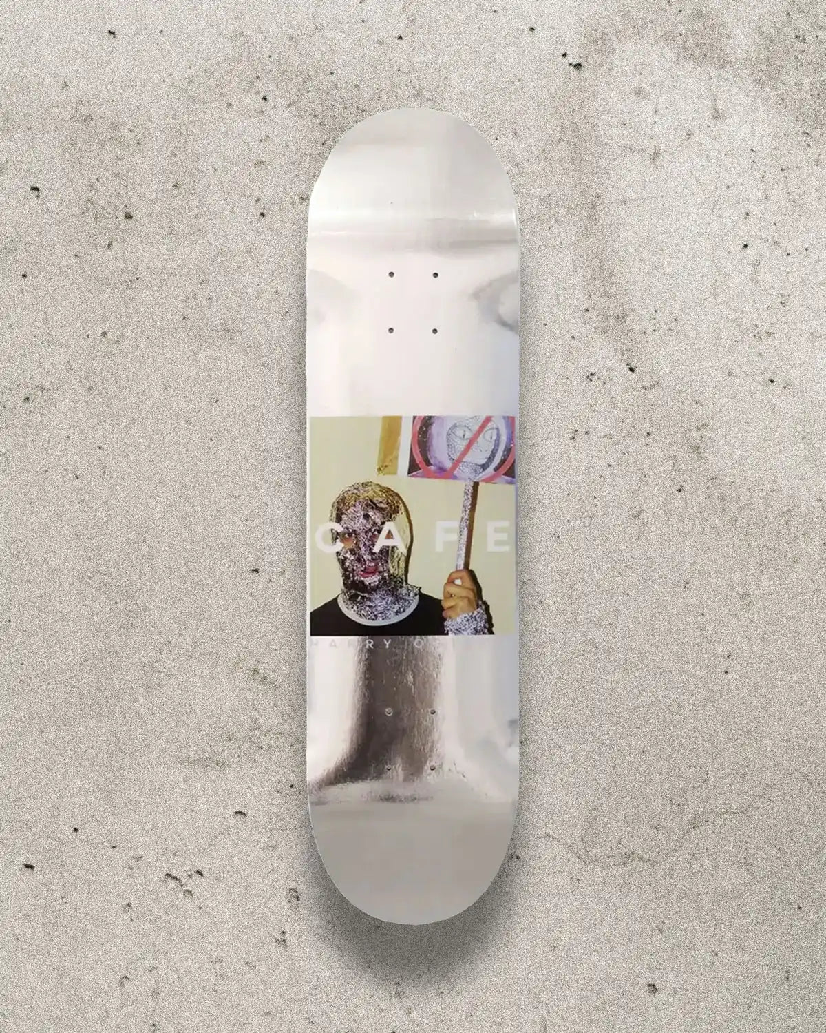 Skateboard deck with an intricate urban shapeshifting reptilian design by Harry Ogilvie in size 8.25.